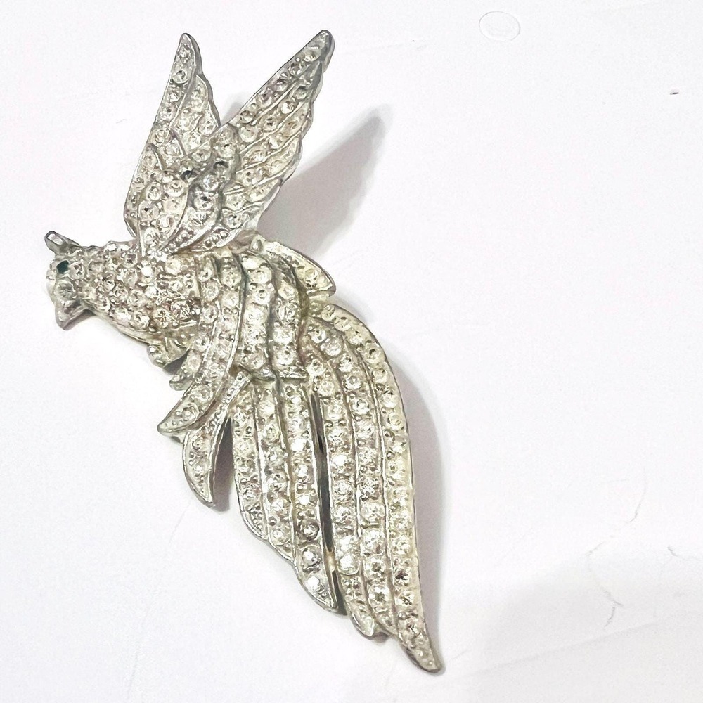Vintage Pot Metal Brooch Pin 4" Bird in Flight Rhinestone Pave Green Eye